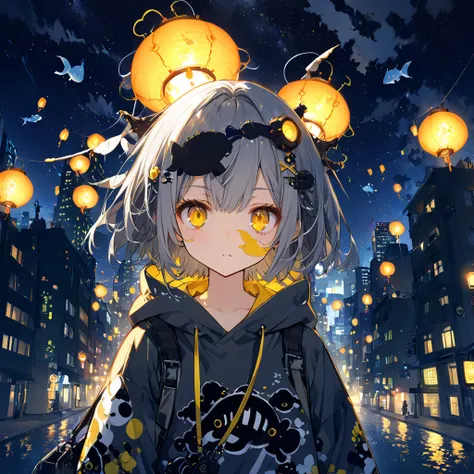 a girl wearing a lantern-shaped anglerfish hoodie、glowing antennae on head、yellow eyes、gray hair、night city、