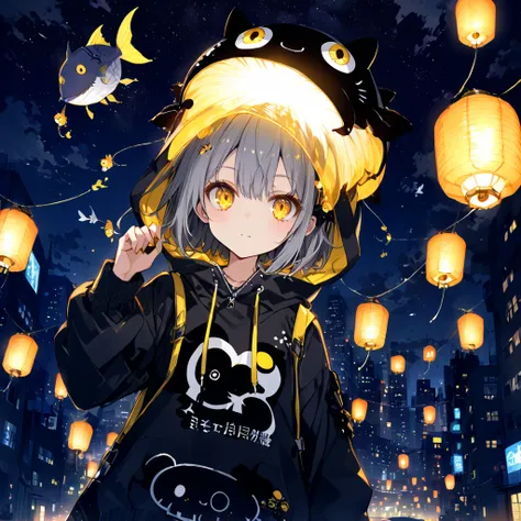 a girl wearing a lantern-shaped anglerfish hoodie、glowing antennae on head、yellow eyes、gray hair、night city、