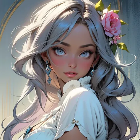 "A vivid and glamorous portrait of a beautiful woman、Painted with perfect detail, Its elegance and charm are captured in high-resolution CG art... Shiny Hair，flawless, Wearing a sophisticated dress, Stunning grey eyes, Perfect Style (Dark Blue:1.2). The so...