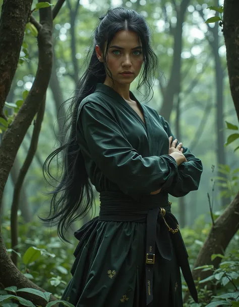 blue eye, ninja girl, silk ninja outfit, crossed arms, forest, realistic, photorealistic, photo-realistic:1.37, (best quality,4k,8k,highres,masterpiece:1.2),ultra-detailed,(realistic,photorealistic,photo-realistic:1.37),HDR,UHD,studio lighting,ultra-fine p...