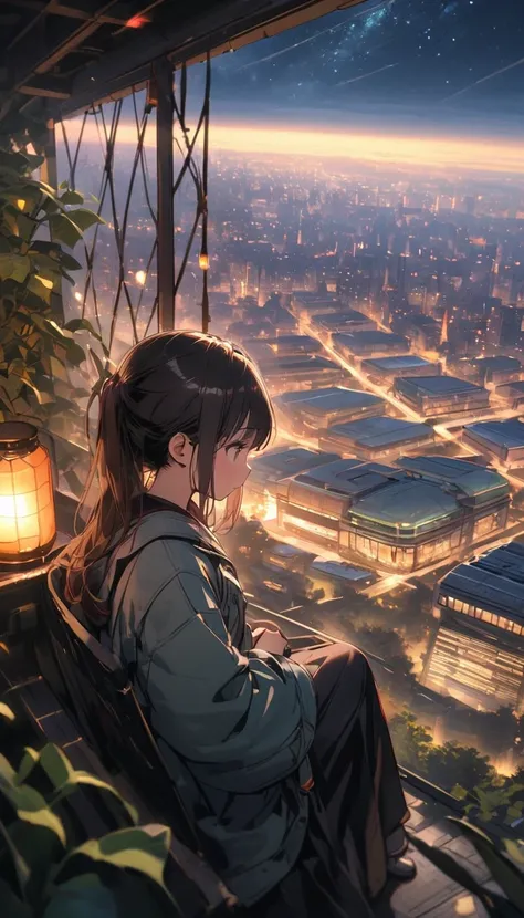 Best Quality, masterpiece, Extremely detailed, Detailed Background, anime, One girl, Young girl, Petite Girls, Science fiction, SF, Outdoor, night, Starry Sky, greenhouse, Megastructures, Biodome, landscape, scenery, horizon, rooftop, sitting on rooftop, w...