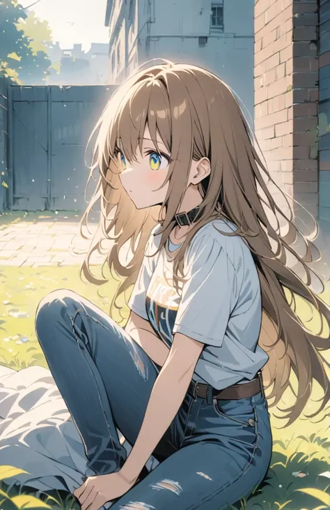 Debt/1.2、 Super high definition masterpiece, masterpiece, quality is best, super girl, another girl, another world, collar girl, T-shirt, damage jeans, cute, different world clothes, both sides lawn growing, the background is brick building, anime, thin co...