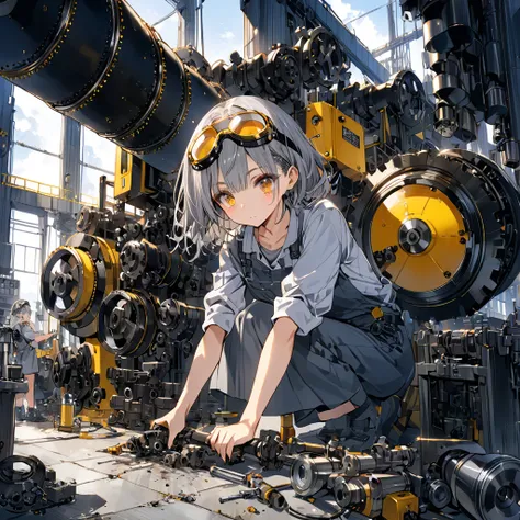 A girl wearing gray work clothes、Big goggles on the head、Yellow Eyes、Gray Hair、Machine shop、Complex piping、((Repairing large machinery))