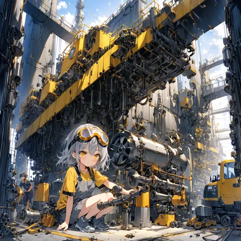 a girl wearing gray work clothes、big goggles on the head、yellow eyes、gray hair、machine shop、complex piping、((repairing large mac...