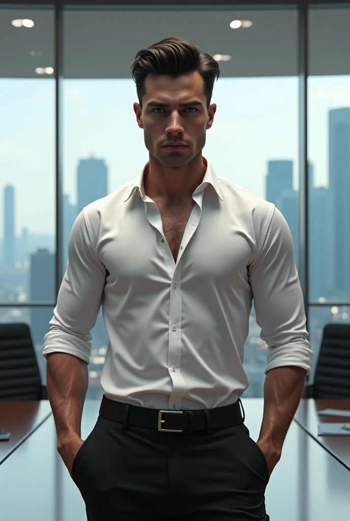 CEO in a Boardroom: In a sleek, high-rise boardroom with a panoramic view of the city, a tall, lean young man with a muscular build stands at the head of a conference table, radiating confidence and power. His face is finely contoured, with high cheekbones...