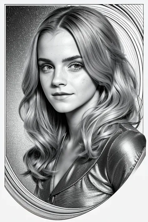 Emma Watson, (pencil_OUTLINE:1.2, disorganized lines, grayscale, traditional media, OUTLINE),(close:1.8)，colored inner hair, hair ingestion, hair clip, There is a wart under the eye, , cosmetic, smile, Art Deco, Rococo style, high detail, conceptual art, ,...