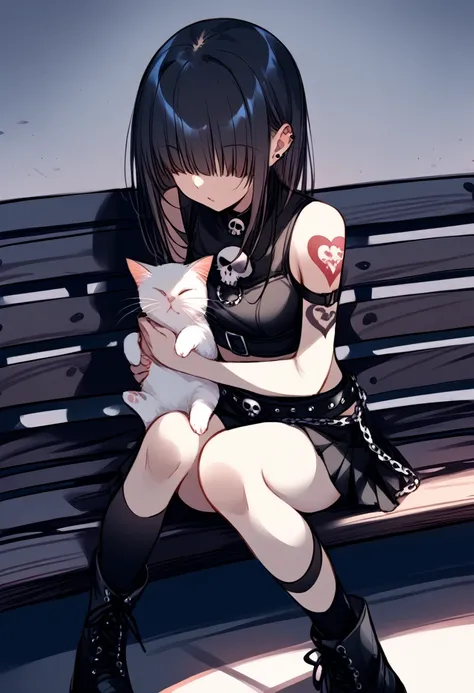 1girl, hair covering eyes, black hair, crop top with skull on it, skull belt, stud earrings, short black skirt with chain hanging, black socks, chunky black boots, heart tattoo on arm, sitting on a bench, holding kitten in arms