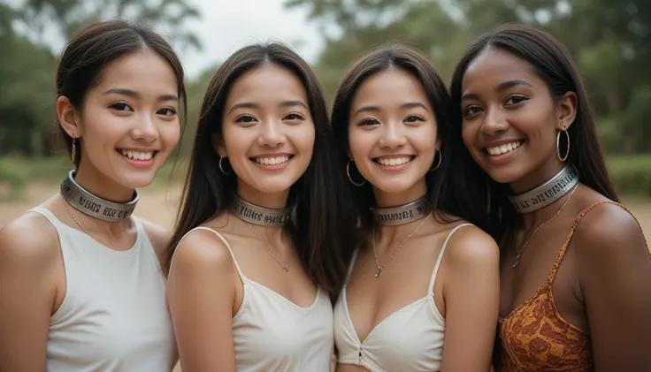 A photo of 3 teen girls, one from africa, one from asia and one from europe, each wearing a iron collar, smiling