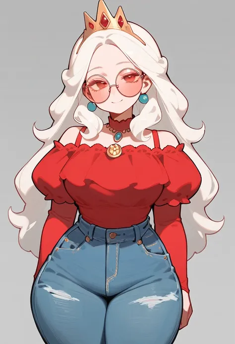 thick woman, tall lady, round face, thick thighs, seductive smile, princess top, puffy shoulders, rose tinted glasses, jeans