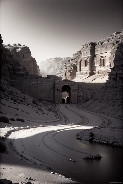 Monochromatic, Petra, jordan, landscape. Inspired by Alois Arnegger. Fantasy Painting. Rich. Polished. Golden. Evening shadows. Impressive Asperitas, Chiaroscuro. Dusk. Dramatic lighting, Romanticism, chiaroscuro, super detail