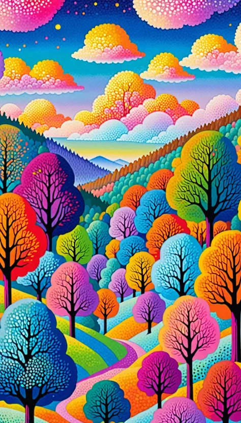 Masterpiece, best composition, highest quality, mobile phone wallpaper, pointillism,a painting of a colorful forest with trees and a sky background, colorful trees, full of colour w 1024, colorful otherworldly trees, full of colour 8-w 1024, full of colour...