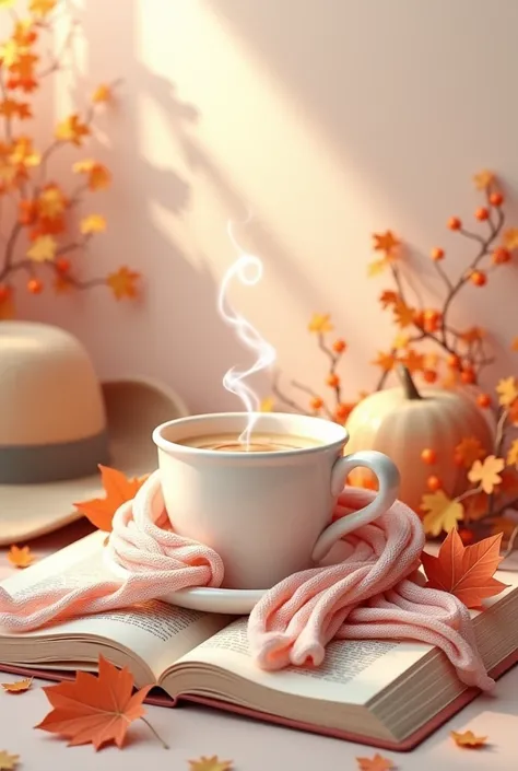 Beautiful 3D sticker, clear details, top quality, SOFT COLORS, pink, golden,beige.  coffee , the scarf is twisted on the cup, hat, a book, autumn leaves.  