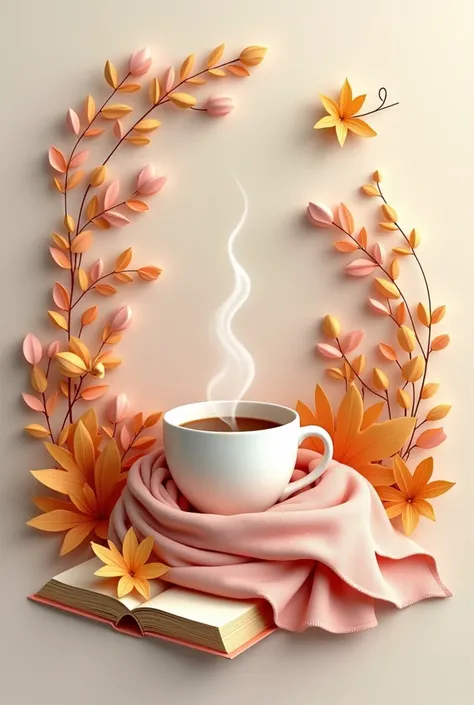 Beautiful 3D sticker, clear details, top quality, SOFT COLORS, pink, golden,beige.  coffee , the scarf is twisted on the cup, hat, a book, autumn leaves.  