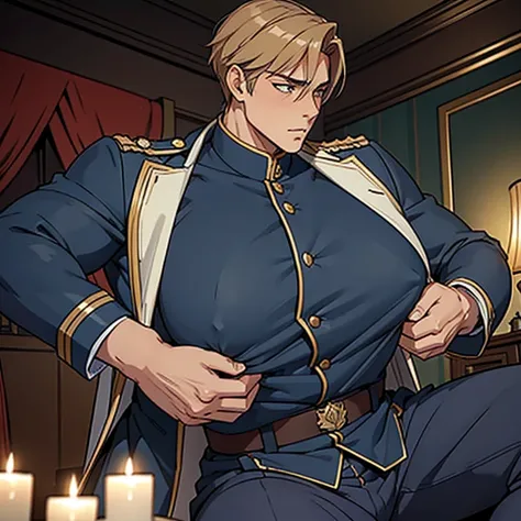 ((A handsome male general stands in a luxurious, dimly lit room. He is dressed in a military uniform that accentuates his muscular build and confidence. The uniform jacket is unbuttoned, revealing a huge manly breast which are being grabbed by a stranger))...