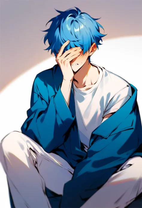 1boy, short blue hair, hair covering eyes, blushing, puffy blue coat, white t-shirt, sitting on bed, white leather pants, 