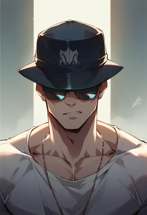 A man, in the night, no beard, with a modern hat covering the eyes an making shadow on the face. He is using a future sunglasses.