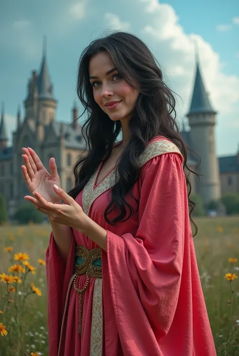 masterpiece photo of a dark-haired full-length sorceress with green eyes dressed in a magical watermelon robe actively says something while gesticulating, a cheerful facial expression, blush, unusual pose, against the background of college of magic, a rich...