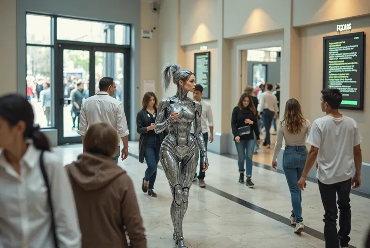 Womans cyborg walking down the street in a crowd of people in the big city, defile show, high quality, best quality, absurdres, masterpiece, beautiful, intricate details, 1/2 body crop, slim body, beautiful figure, magnificent anatomy, (intricate details:1...