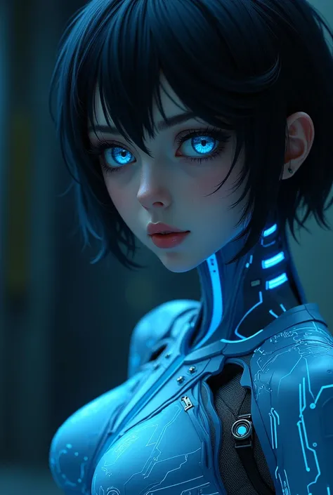 ((Masterpiece)), ((best quality)), (detailed), close-up portrait, 1girl, blue_eyes, solo, blue_theme, science_fiction, bodysuit, circuit pattern, blue_skin, detailed skin, looking_at_viewer, short_black_hair, parted lips, cyborg, realistic, armor, hologram...