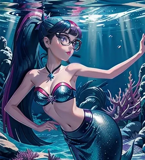 Twilight Sparkle, twilight Sparkle from my little pony, twilight Sparkle in the form of a girl, ponytail, big black glasses, shells bikini, mermaid tail ,transforming into a mesmerizing mermaid underwater in the vast sea. The underwater scene is filled wit...