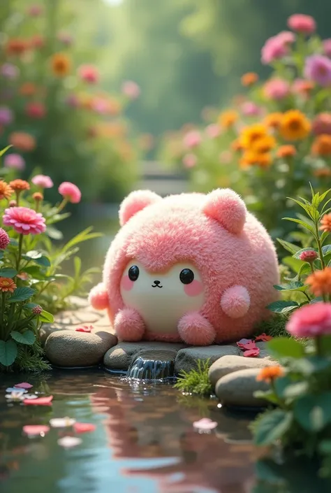 A Puffuluffu doll forgotten in the flowery garden, Dolly,garden,stones,flowers,water course,realistic,high quality