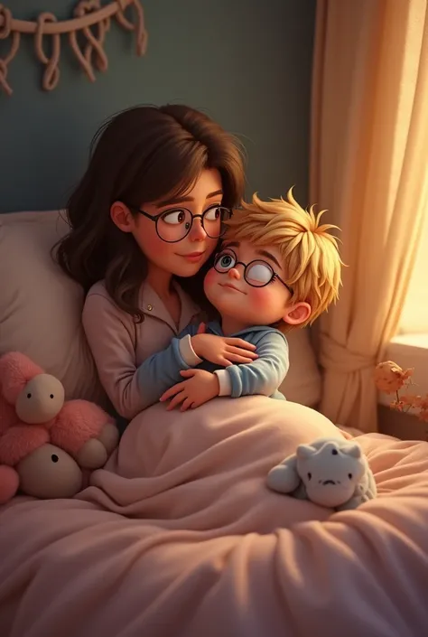 Creer un petit garcon blond avec des lunettes et un cache oeil medical, style Disney pizar. Il est en pyjama dans son lit et fait un calin a sa maman qui est brune. 