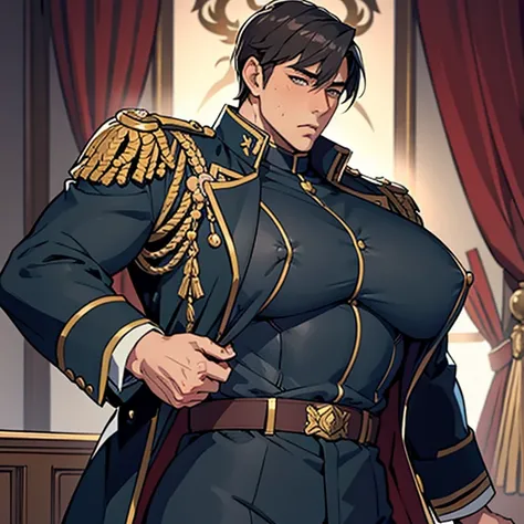 ((A handsome male general stands in a luxurious, dimly lit room. He is dressed in a military uniform that accentuates his muscular build and confidence. The uniform jacket is unbuttoned, revealing a huge manly breast which are being grabbed by a stranger))...