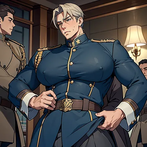 ((A handsome male general stands in a luxurious, dimly lit room. He is dressed in a military uniform that accentuates his muscular build and confidence. The uniform jacket is unbuttoned, revealing a huge manly breast which are being grabbed by a stranger))...