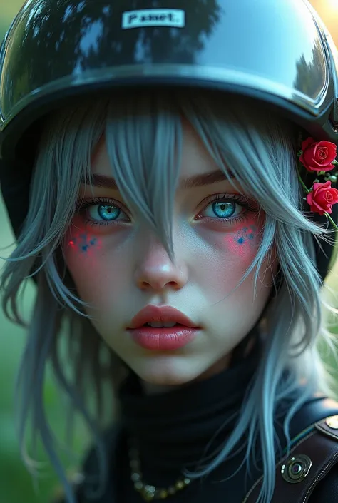 Close-up of an improved masterpiece:1.5)0.9], (dungeon and green grass:1.2) (Messy silver hair:1.1) (heterochromia: xanthochromia and blue eyes:1.2) (Motorcycle helmet:1.0) (Red roses and violets in the eyes:1.0) (A radiant glow:1.1) (Thick lips:0.9)