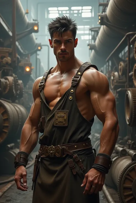 Industrial Machinist in a Gritty Factory: In a sprawling, steam-filled factory with massive gears and roaring machinery, a tall, lean young man with a rugged, muscular build commands attention. His face is sharply defined, with high cheekbones, a strong ja...