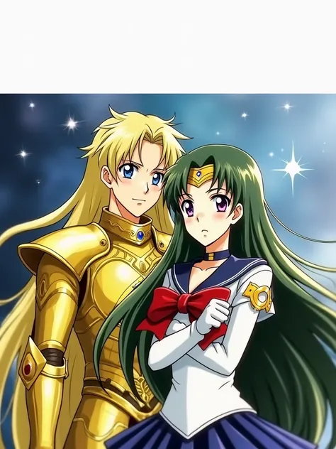 Golden Knight Shaka of Virgo with long, blond hair, bangs and blue eyes and Sailor Pluto Setsuna Meiou with long, green hair and violet eyes...