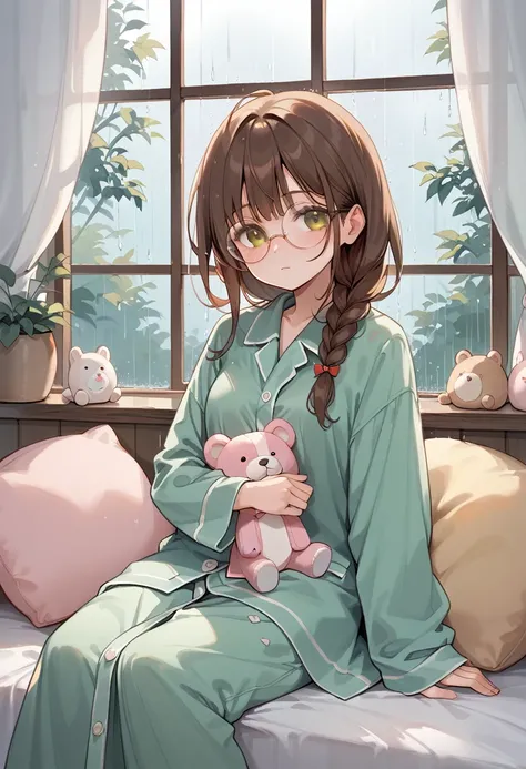 1girl, long hair, braided hair, thin round glasses, blushing, wrapped in a soft white blanket, sitting on bed, raining outside of window, green pajamas, brown eyes, soft pillows and stuffed animals