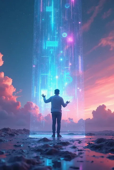 A digital artist with a luminous palette and bursts of holographic color in the sky, painting with bright light, with interface elements floating around him.