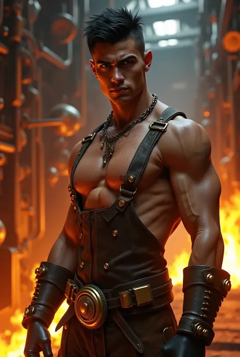 Steampunk Blacksmith in a Fiery Forge: In a massive, glowing forge filled with flickering flames, molten metal, and glinting tools, a tall, lean young man with a muscular frame works as a master blacksmith. His face is intense, with high cheekbones, a squa...