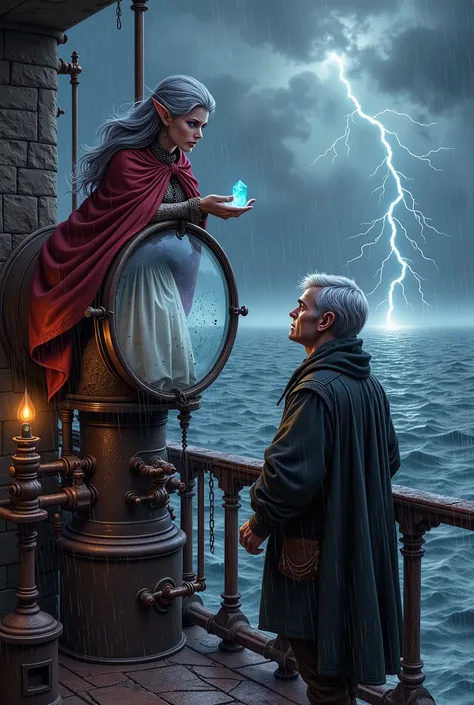 (Ultra-detailed face, Looking away, Fantasy Illustration with Gothic, Dark tone colors) BREAK 
(A middle-aged dark elf woman and an elderly human man are on a balcony on the top floor of a lighthouse. A machine with a large glass lens as tall as a man can ...