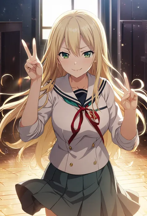 1girl, blonde hair, long hair, green eyes, school uniform, victory sign, arrogant smile, CG