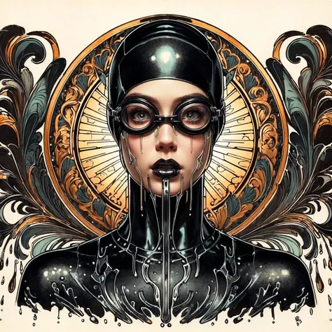 a close up of a woman wearing goggles and a rubber cap, art nouveau cyberpunk! style, art nouveau! cyberpunk! style, cyberpunk art nouveau, hyperrealistic art nouveau, exquisite digital illustration, stunning digital illustration, inspired by Hedi Xandt, a...