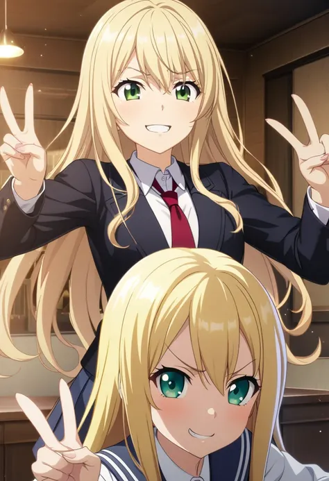 1girl, blonde hair, long hair, green eyes, school uniform, victory sign, arrogant smile, CG, screenshot