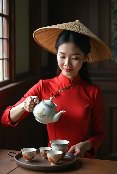 A young woman in a traditional Vietnamese red dress, called an áo dài, sits in a dark, wooden room. She wears a red conical hat, also traditional for Vietnamese, called a nón lá. The young woman is leaning down, looking at a small set of ornate teacups, pl...