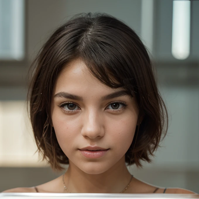 Describe a girl with a delicate face and caucasian-woman features. His brown eyes are the highlight, being well detailed and expressive. The irises have vibrant shades of light brown, with a golden ring around the pupil. The eyelashes are long and curved, ...