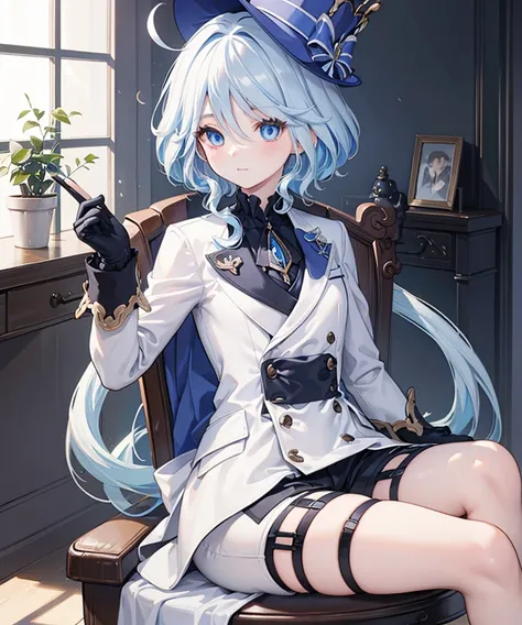 furina, blue eyes, blue hair, cowlick, ahoge, hair over one eye, light blue hair, short hair,
BREAK asymmetrical gloves, black gloves, frills, gloves, half gloves, hat, shorts, tailcoat, thigh strap, top hat, white gloves, white shorts,
BREAK looking at vi...