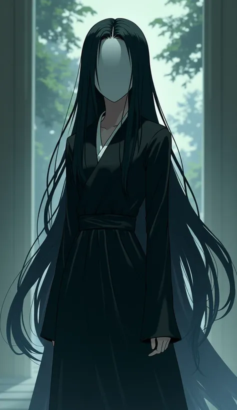 Create an image of an anime style woman, with long black hair,  with a mask covering the entire face, no one can know who she is.