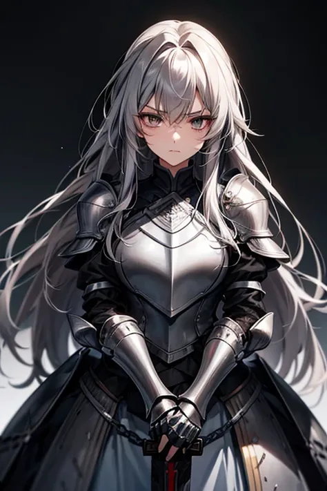 female, dark gray hair, gray eye, Long hair, 170cm, tough, reticent, knight, arms crossed, armor, sword