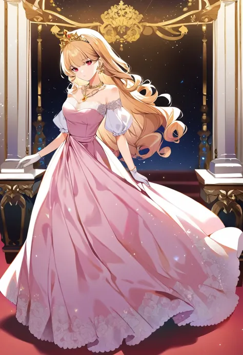 1girl, curly blonde hair, red eyes, gold tiara, star earrings, elegant vintage dress, puffy sleeves, long dress, light pink dress, gold heels, arm tattoo, gold necklace