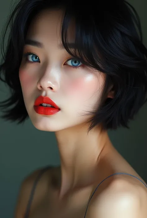 Korean female Ju Jingyi.
Fair skin, Short black hair, Soft facial, Angular blue eyes, Bold red lips,
Nude  close-up