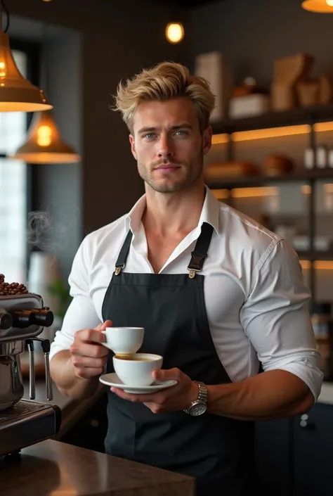 The Handsome Barista
A tall, very attractive model 35-year-old barista stands behind the counter of a trendy coffee shop, his smooth white skin glowing under the soft ambient lights. He is blond with short waiving hairs. He is smiling. He wears a fitted bl...