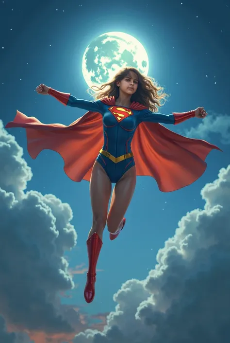 Superheroine girl flying with the moon from where and near