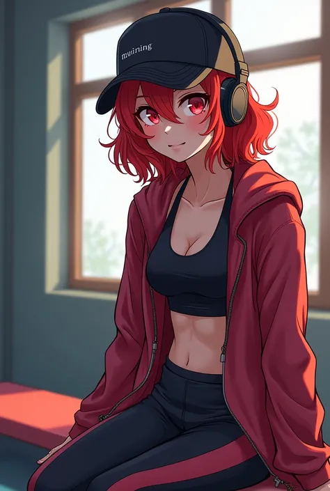 headphones,cap,sitting a bench,training wear,(ultra detailed perfect piece:1.2), illustration, masterpiece, (extremely detailed CG 8k), (very fine 8K CG),(1girl:1.2), (red hair), middle hair, wavy hair, hair over one eye, sparkling, red eyes,,