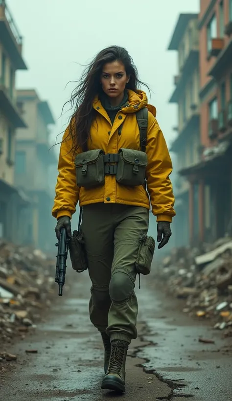 masterpiece, best quality, high resolution, rich details, 8k, extreme light and shadow, image of a beautiful young woman wearing yellow tactical gear, dirty and dusty , walking down a desolated street in a collapsed city, post apocalypse, smoke and fog in ...