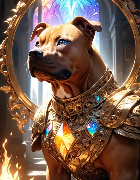 one majestic red brown pitbull dog in finely detailed gold armor, perfect eyes, gold eyes, epic, legendary, happy look, warm ope...